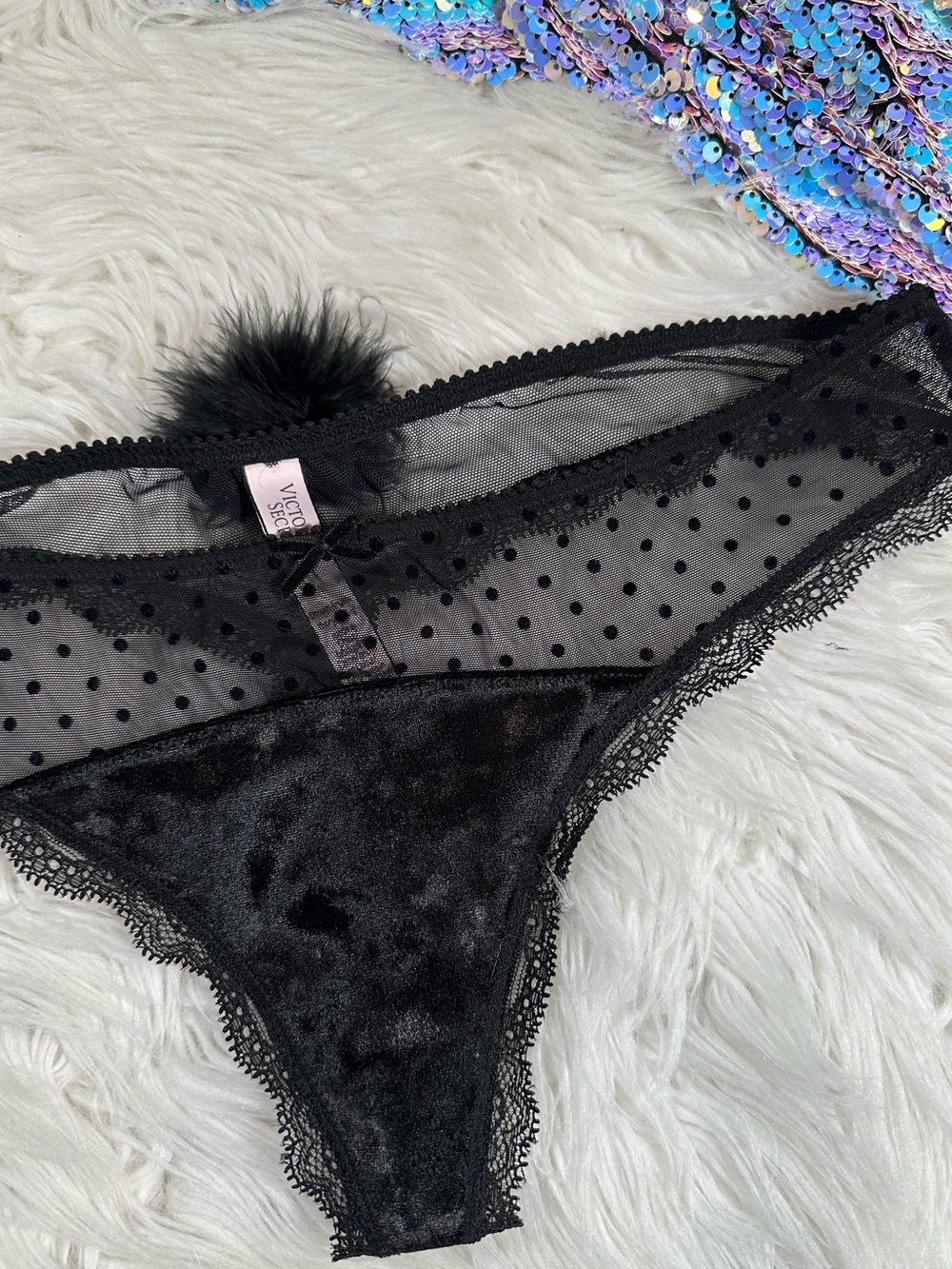 VS • Dream Angels Velvet & Lace Feather Pom Pom Thong Panty
